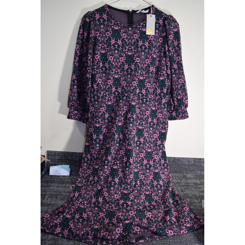 BODEN Soft Stretch Jersey Midi 3/4 Sleeve Floral Dress WOMENS US 10P Purple NEW